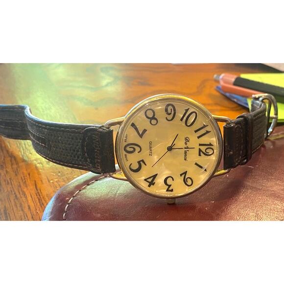 VTG Unisex 43mm Gold Tone Da Vanci Watch, MOP Face, Leather and Canvas Band - Picture 2 of 4